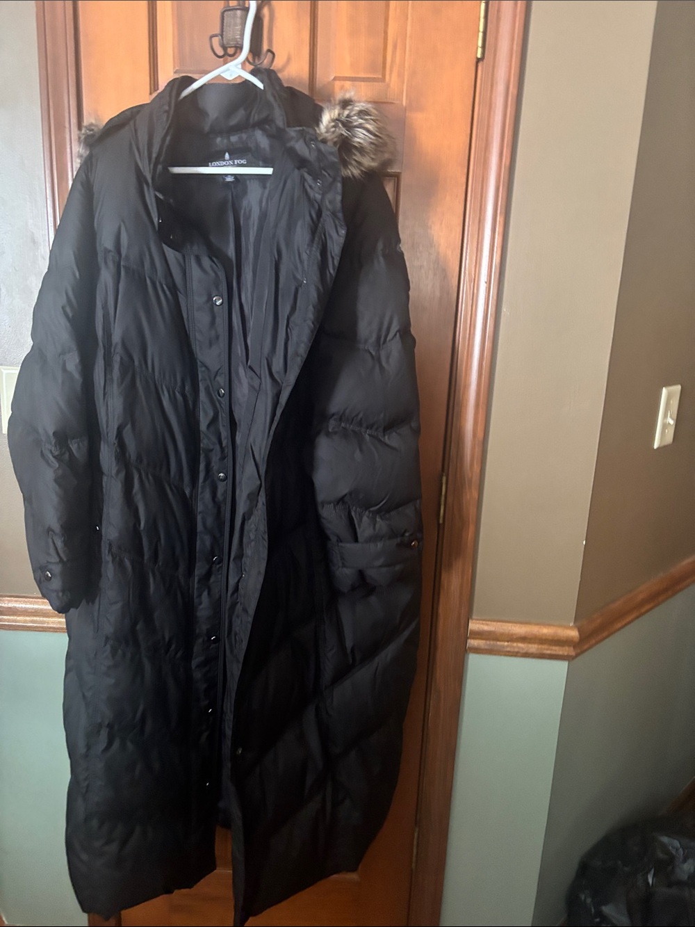 London Fog Black Long Puffer Coat with Faux Fur Trim